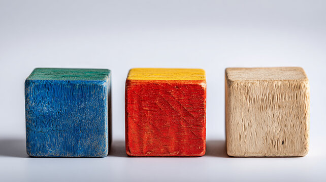 A set of three wooden blocks standing together representing unity, simplicity and the essential building components of structured concepts.
