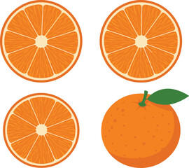 Bright Orange Citrus Fruit Vector Illustration, Featuring a Whole Fruit with Stem and Leaf and Three Round Cross-Sectional Slices, Ideal for Juice Packaging, Vitamin Promotions,  Healthy Food Designs