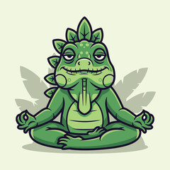 Obraz premium Cartoon illustration of a meditating green lizard with a leaf-like crest and tongue sticking out.