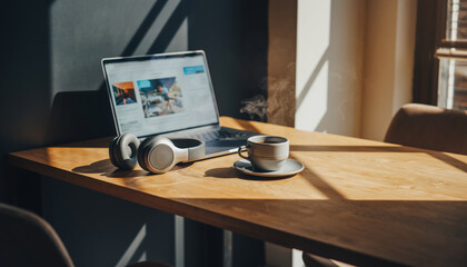 Calm morning for remote work with laptop, headphone, and steaming coffee on wooden desk. This digital nomad workspace basks in peaceful warm sunlight creating focus mood