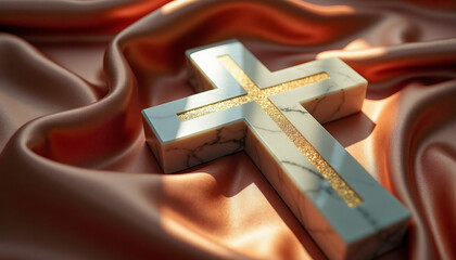 Marble cross with golden inlay on satin fabric, luxury aesthetic, cinematic spotlight, composition with space for text