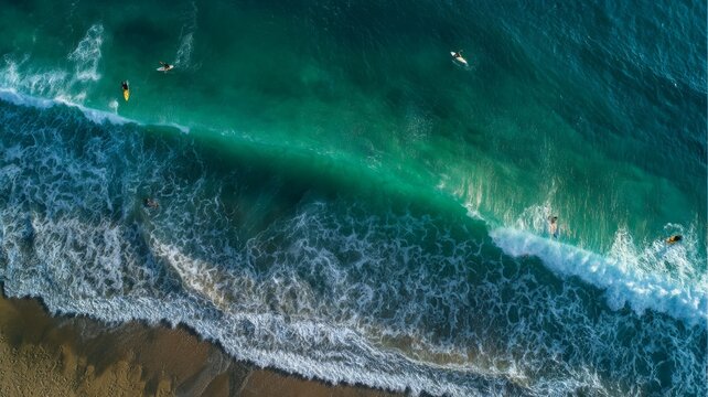 Surfers ride vibrant green waves near sandy shore from elevated perspective. Energetic ocean scene captures movement and excitement. Crisp line between surf and sand. Neural network AI generated