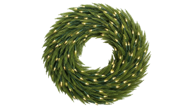 Isolated evergreen Christmas wreath with lights; festive holiday decoration for indoors or out