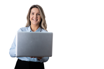 Businesswoman smiling holding laptop transparent background