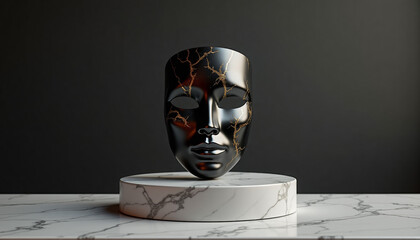 Modern luxury minimalism with black mask featuring metallic golden veins on marble pedestal and copy space