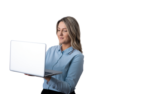 Businesswoman holding laptop working remotely with technology - Powered by Adobe