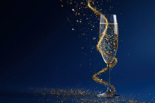 Champagne glass with golden glitter and sparkling particles on a dark blue background