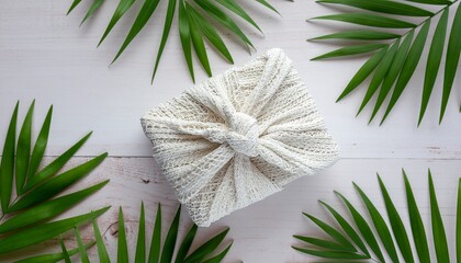 Knitted headband rests on white wooden surface surrounded by green palm leaves creating a calming and natural aesthetic.