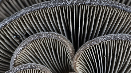 Macro Shot of Dewy Mushroom Gills: Close-Up Nature Texture and Details