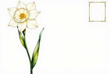 Elegant white daffodil on a minimalistic background accompanied by a decorative empty frame, highlighting the flower's intricate details and natural beauty