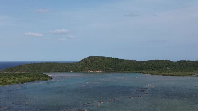 Kosi Bay Mouth with Traditional Thonga or Tsonga Fish Traps, camera panning right to left over the river mouth toward the sea. 4K Aerial Video