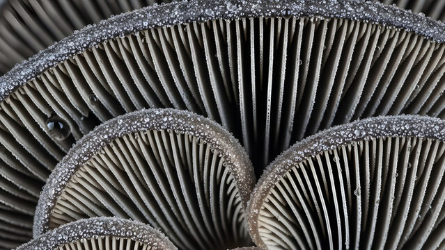 Macro Shot of Dewy Mushroom Gills: Close-Up Nature Texture and Details