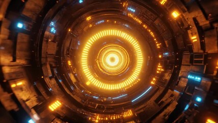 Energy motion technology futurism connection depth A glowing futuristic tunnel with blue and orange neon light leading to a bright energy portal evoking excitement and wonder - Powered by Adobe