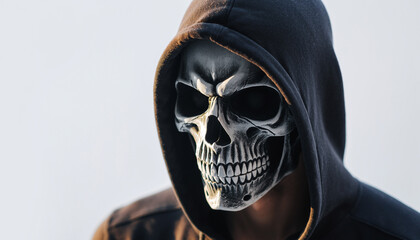 Mysterious hooded figure wearing a skull mask against a bright background