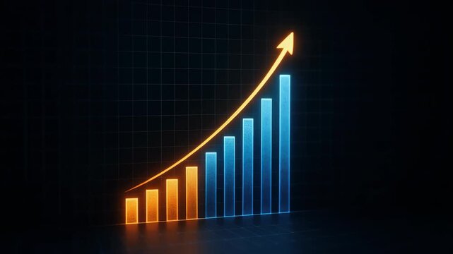 Growth success development chart progress increase Uplifting visualization illuminated ascending bar chart with glowing upward arrow signaling business momentum and growth