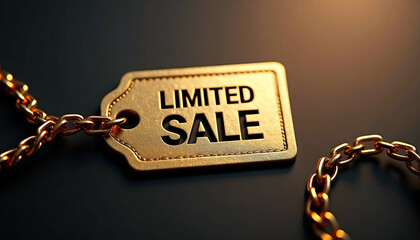 Sleek luxury aesthetic of golden price tag with chain engraved “LIMITED SALE” on dark gradient background