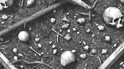 Skulls scattered across rocky terrain, interspersed with wooden crosses and stones. Monochrome palette enhances ominous atmosphere. Overhead angle emphasizes desolation. Neural network AI generated