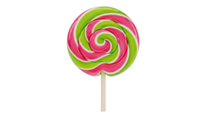 Isolated vibrant swirl lollipop with green and pink stripes on a stick, perfect for a treat