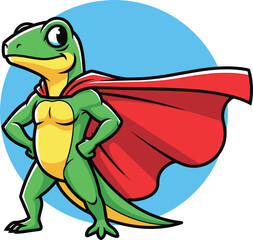 A confident green cartoon gecko superhero with a red cape stands with hands on hips against a blue circular background.