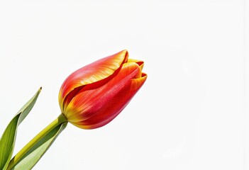 Naklejka premium Vibrant red and yellow tulip against a pristine white background showcasing the delicate beauty and intricate details of the tulip's petals and green stem