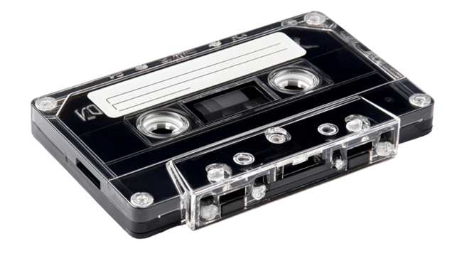 Clear plastic audio cassette tape isolated on transparent background