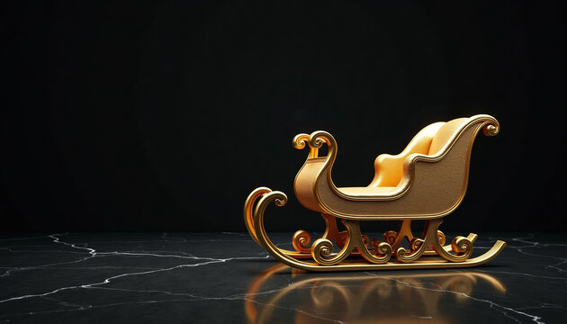 Sleek luxury festive vibe of golden sleigh with polished surface isolated on black granite