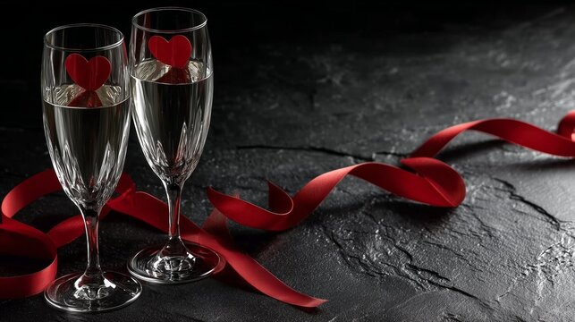 Romantic Celebration: Two Champagne Flutes with Heart Decor and Red Ribbon on Black Surface