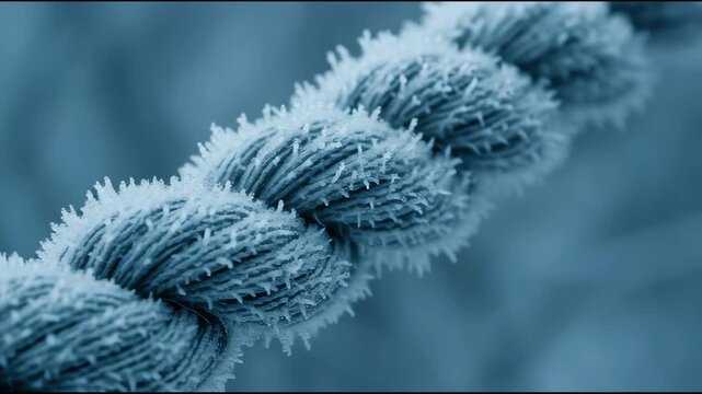 Frost rope texture icy blue twisted A macro view a frost-coated rope strand with intricate icy fiber conveying crisp winter cold and serene minimal mood