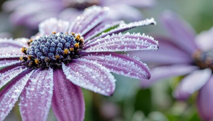 Fototapeta premium Purple daisy covered in frost sparkles in the winter sunlight, showcasing the delicate beauty of nature in the cold season.