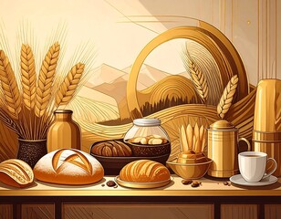 Elegant still life composition with bakery products, wheat and coffee set