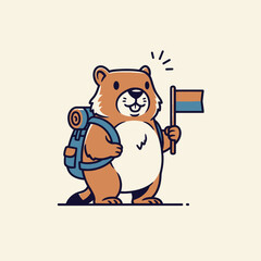 Cute cartoon beaver with backpack and flag ready for adventure. © Taimoor