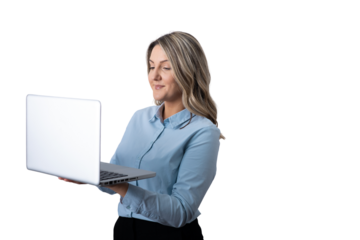Businesswoman holding laptop smiling on transparent background