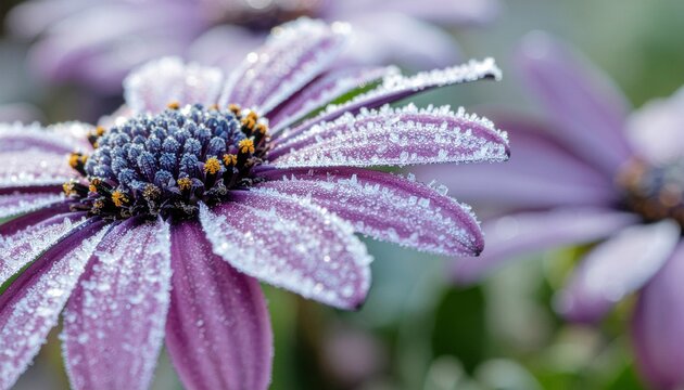 Purple daisy covered in frost sparkles in the winter sunlight, showcasing the delicate beauty of nature in the cold season. - Powered by Adobe