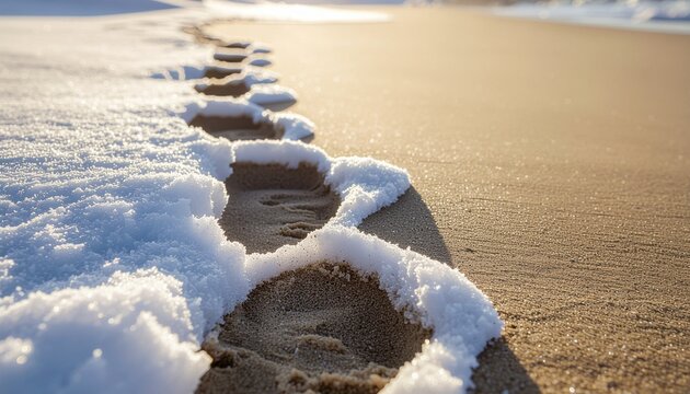 Footprints lead across the sandy beach covered in melting snow on a cold winter day, creating a serene and contrasting landscape.