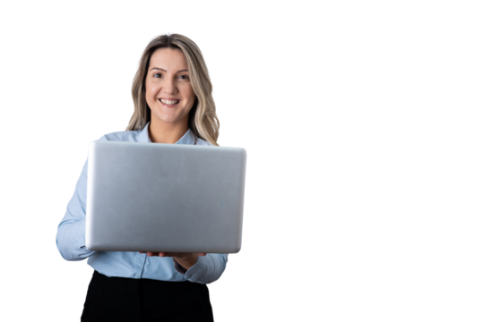 Businesswoman holding laptop smiling on transparent background - Powered by Adobe