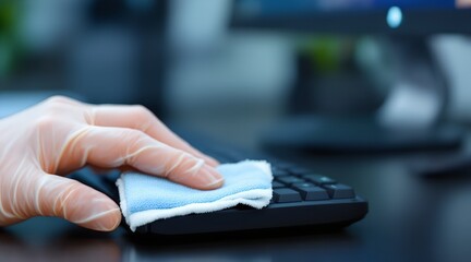 Close up of gloved hand carefully wiping a computer keyboard with a blue microfiber cloth for office disinfection concept and health safety