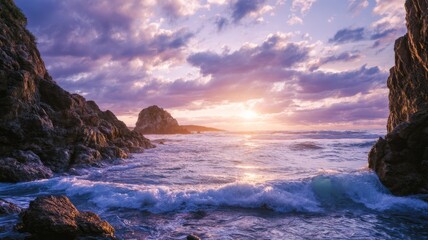 Stunning sunset casts vibrant hues over rocky coastline. Waves crash against cliffs under dramatic sky with scattered clouds. Captured at horizon view. Neural network AI generated