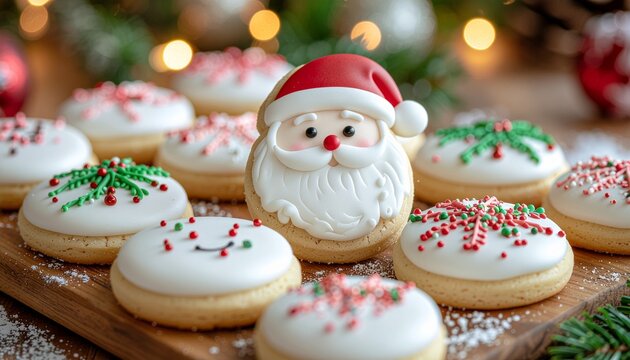 Santa Claus sugar cookie surrounded by other decorated cookies sitting on wooden board creating festive holiday atmosphere.