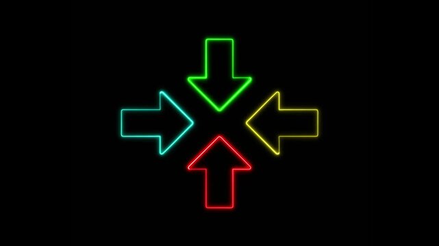 Glowing neon arrows in multiple colors pointing in four directions creating a vibrant futuristic sign.