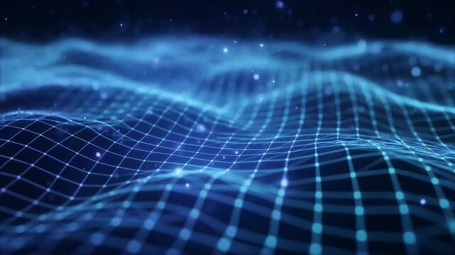 Network information grid wave node digital flowing blue mesh and glowing point field evoking calm futuristic connectivity and information-driven technological atmosphere