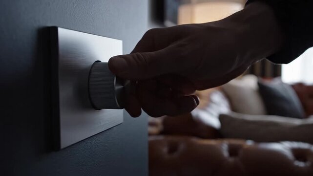 Modern Minimalist Metal Dimmer Switch Mounted on Dark Gray Wall with Elegant Living Room Interior Background Featuring Leather Sofa and Warm Lamp Light Creating Ambiance