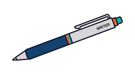 Illustration of a blue and grey pen with the word writer printed on the side in capital letters