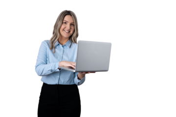 Happy businesswoman using modern laptop smiling on transparent background