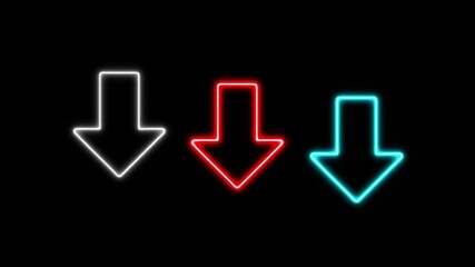 Glowing colorful neon light arrows on black background. Animation of seamless loop. down arrow ,4K Video motion graphic animation.