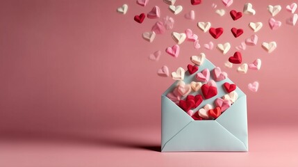 Overflowing Love: Hearts Pouring from Envelope on Pastel Pink Background