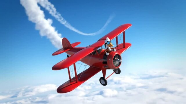 Red biplane performs aerial acrobatics against a blue sky with smoke trails.