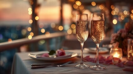 Romantic Sunset Dinner with Sparkling Champagne and Candlelit Ambiance on a Scenic Balcony