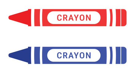 Illustration of a red crayon and a blue crayon with the word crayon on a white rectangle shape