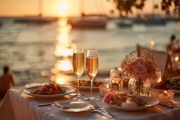 Fototapeta premium Romantic Sunset Dinner by the Seaside with Champagne, Flowers, and Candlelight