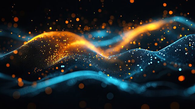 Abstract Glowing Particle Waves: Dynamic Orange and Blue Digital Flow on Dark